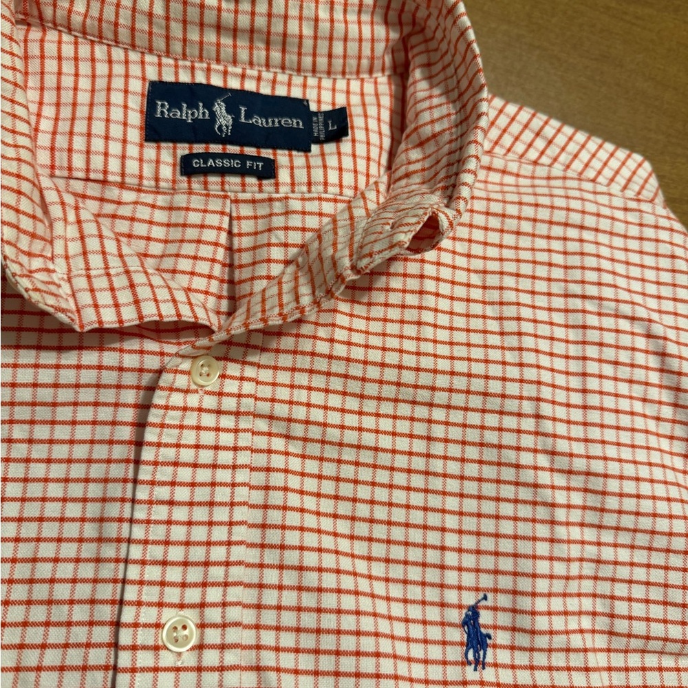 Ralph Lauren Button Down Shirt Men’s Size L Orange & White Plaid LS Classic Fit